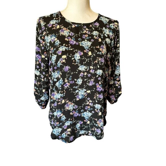 Pink Republic Blouse Size M Floral Top Black Dusty Blue 3/4 Roll Tab Sleeve - Picture 1 of 12